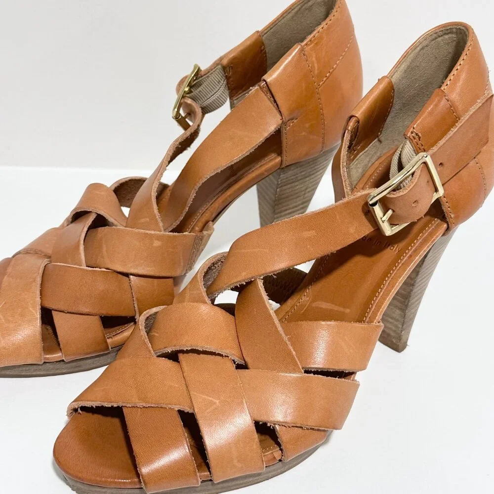 Jcrew Ares Platform Brown Tan Cognac Leather Strappy Sandal Heel Size 8